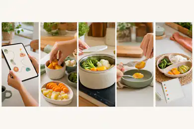 Cinco momentos práticos: celular, escolha de alimentos, preparo, montagem do prato e rotina semanal.