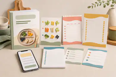 Mockups digitais do Mapa dos Primeiros Pratos com guia, planner, cards e celular.