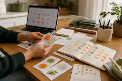 Mesa de curadoria com cartões de alimentos, notebook e planner visual, sem rosto de especialista.